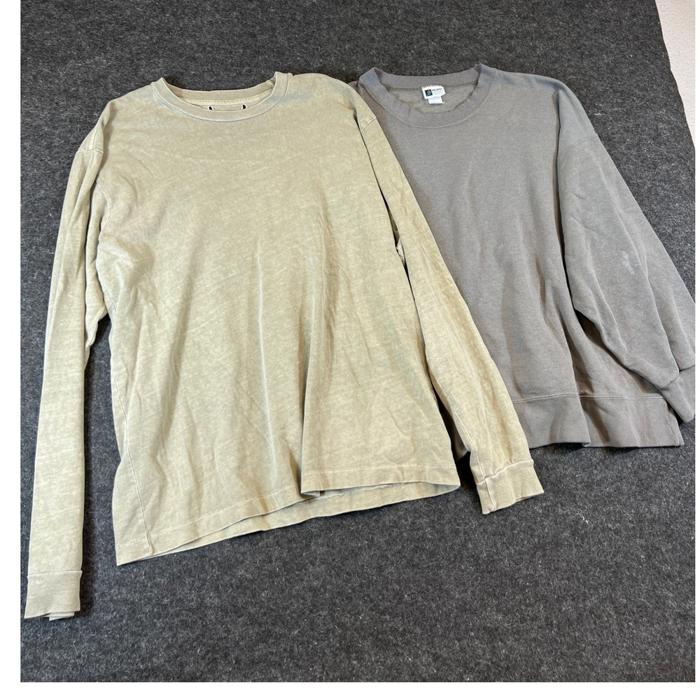 Lot of 2 Vintage Blank Sweatshirt and Long Sleeve Tee Tan Grey Cotton Mens L
